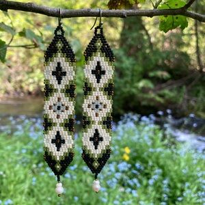 Handmade Beaded Tapestry Earrings with Freshwater Pearls